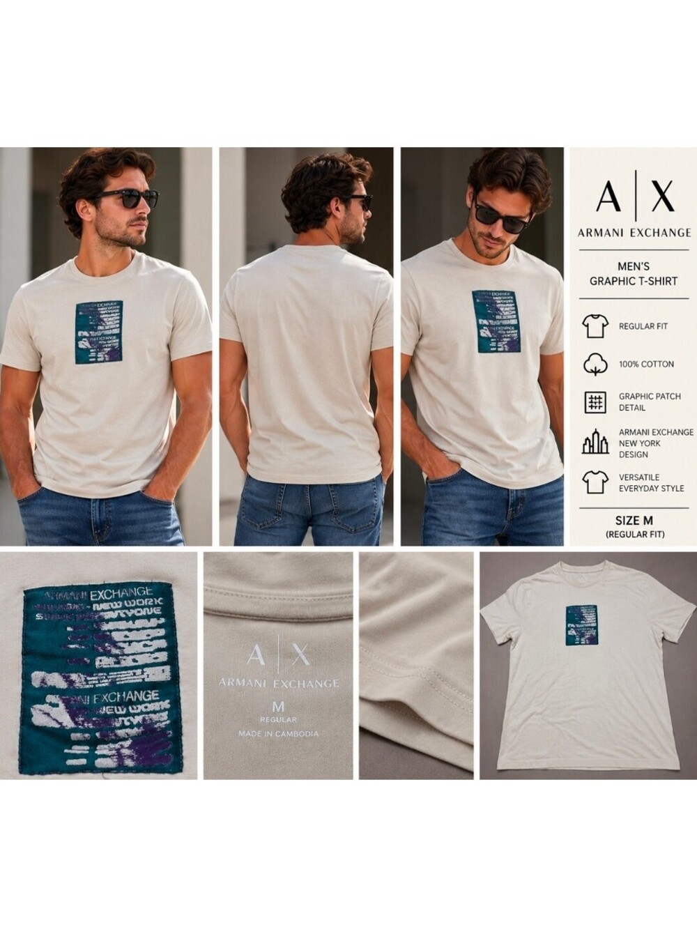 Armani Exchange A|X Men’s M Graphic Patch T-Shirt Beige 100% Cotton Regular Fit